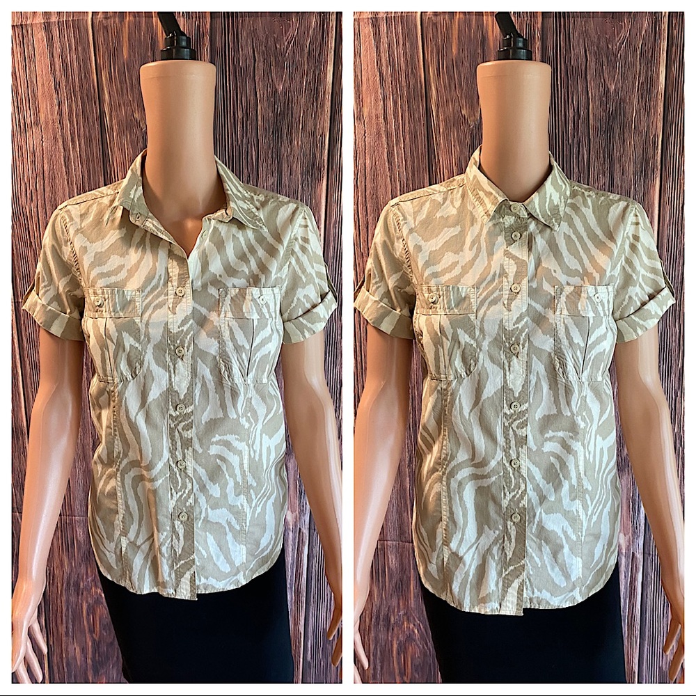 Michael Kors sz 6 military style button down top animal print sefari tan
